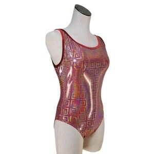 Satara Leos VTG Holographic Squares Shiny Keyhole Tank Leotard Size AL Red